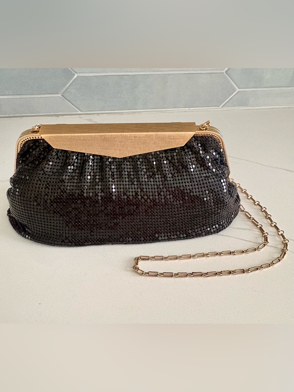 Vintage Whiting & Davis Black Metal Mesh Evening Bag Clutch w/Gold Chain Strap